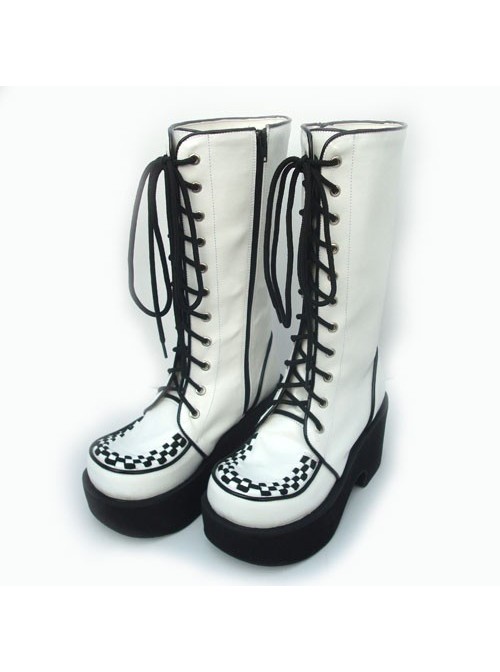 White 3.1" Heel High Lovely Suede Round Toe Cross Straps Platform Lolita Boots