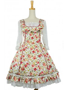 Red Floral Short Sleeves Lace Trim Cotton Lolita Dress