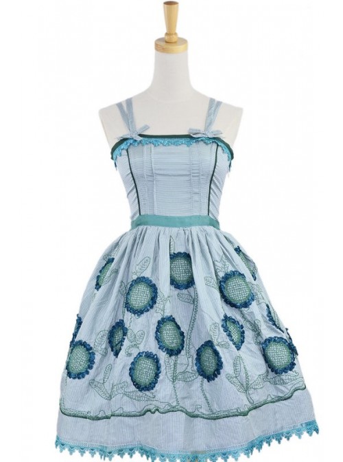 Green Sleeveless Knee-length Sun Flower Floral Cotton Sweet Lolita Dress