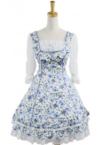 Sweet Blue Floral Short Sleeves Lace Trim Cotton Lolita Dress