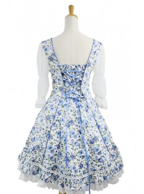 Sweet Blue Floral Short Sleeves Lace Trim Cotton Lolita Dress