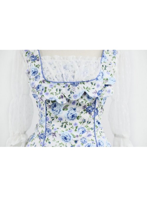 Sweet Blue Floral Short Sleeves Lace Trim Cotton Lolita Dress