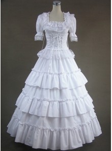 White Short Sleeves Floral Double-Layer Lace Trim Cotton Lolita Prom Dress