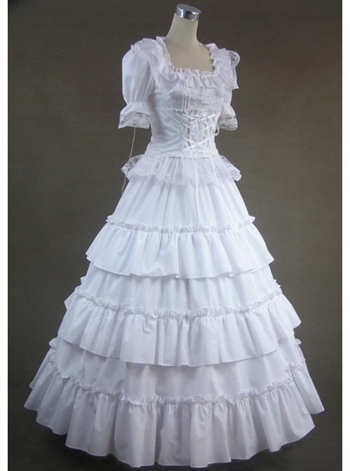 White Short Sleeves Floral Double-Layer Lace Trim Cotton Lolita Prom Dress