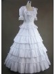 White Short Sleeves Floral Double-Layer Lace Trim Cotton Lolita Prom Dress