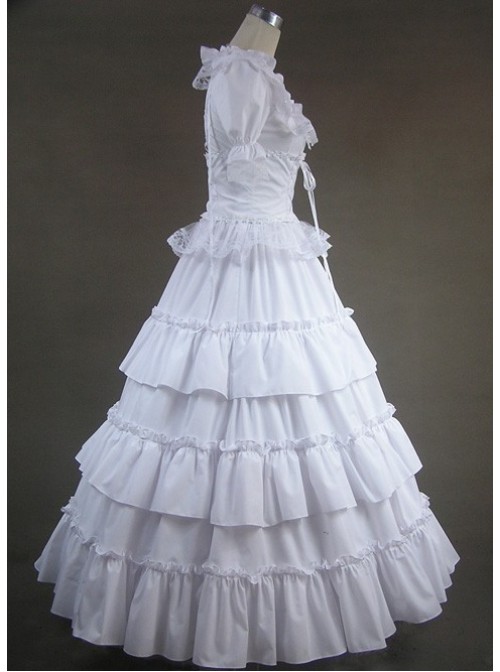 White Short Sleeves Floral Double-Layer Lace Trim Cotton Lolita Prom Dress