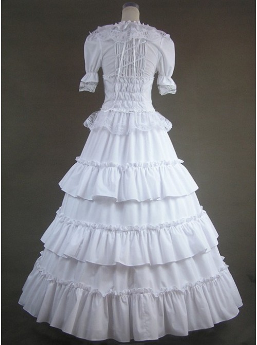 White Short Sleeves Floral Double-Layer Lace Trim Cotton Lolita Prom Dress