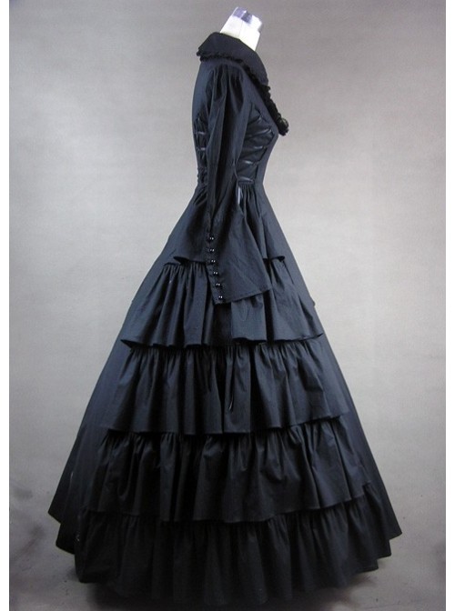 Black Long Sleeves Floral Double-Layer Cotton Lolita Prom Dress