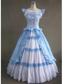 Blue And White Bandage Floral Double-Layer Cotton Lolita Prom Dress