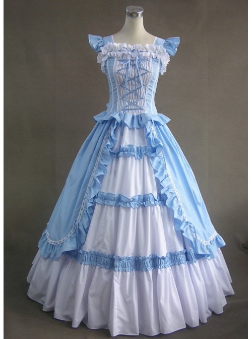 Blue And White Bandage Floral Double-Layer Cotton Lolita Prom Dress