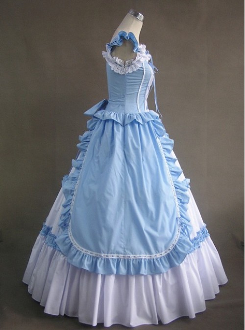 Blue And White Bandage Floral Double-Layer Cotton Lolita Prom Dress