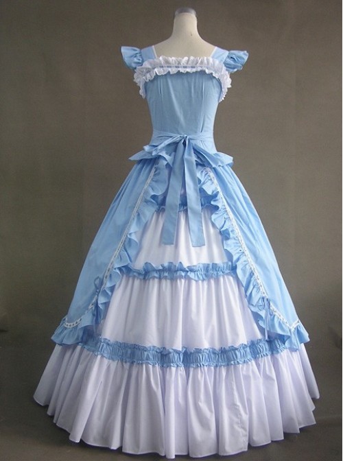 Blue And White Bandage Floral Double-Layer Cotton Lolita Prom Dress