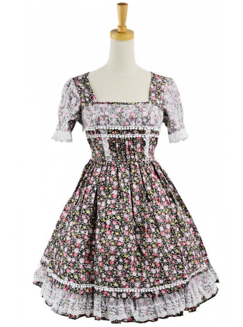 Sweet Colorful 100% Cotton Lace Floral Short Sleeve Lolita Dress