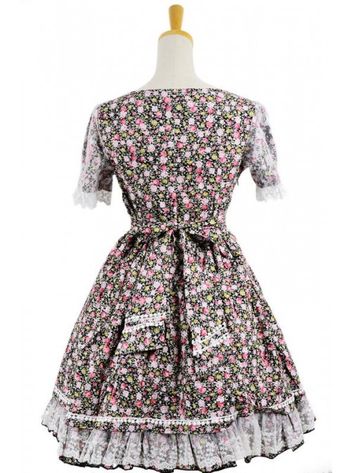 Sweet Colorful 100% Cotton Lace Floral Short Sleeve Lolita Dress