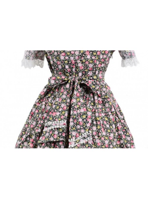 Sweet Colorful 100% Cotton Lace Floral Short Sleeve Lolita Dress