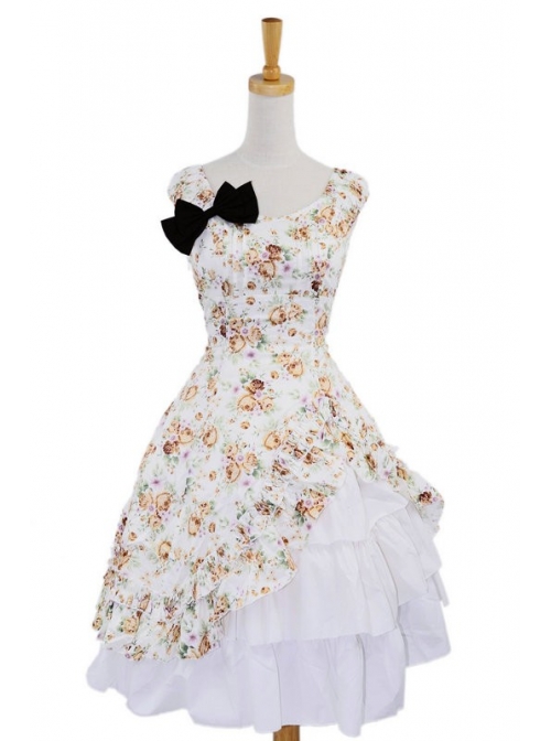 Beige Floral Bow Lovely Cotton Lolita Dress