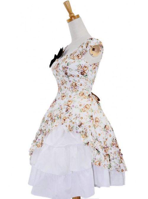 Beige Floral Bow Lovely Cotton Lolita Dress