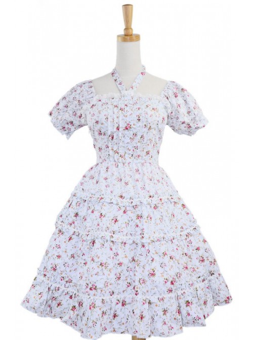 White 100% Cotton Floral Bow Sash Sweet Lolita Dress