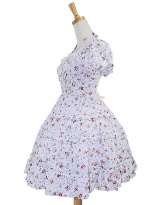 White 100% Cotton Floral Bow Sash Sweet Lolita Dress