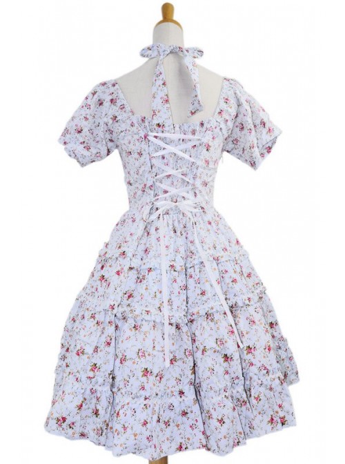 White 100% Cotton Floral Bow Sash Sweet Lolita Dress