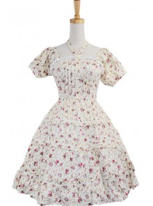 White 100% Cotton Floral Bow Sash Cute Lolita Dress