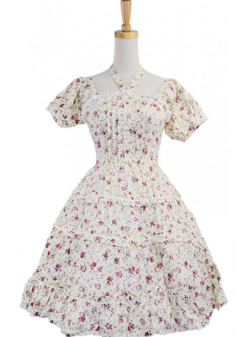 White 100% Cotton Floral Bow Sash Cute Lolita Dress