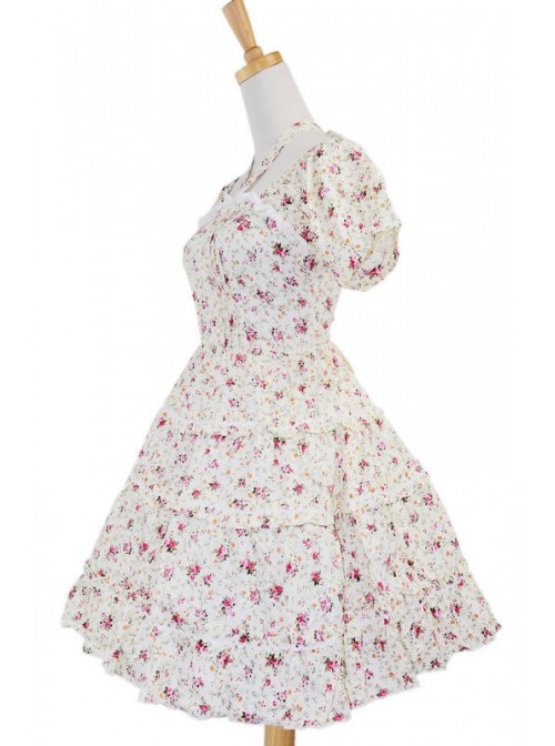 White 100% Cotton Floral Bow Sash Cute Lolita Dress