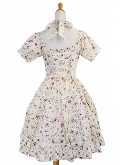 White 100% Cotton Floral Bow Sash Cute Lolita Dress