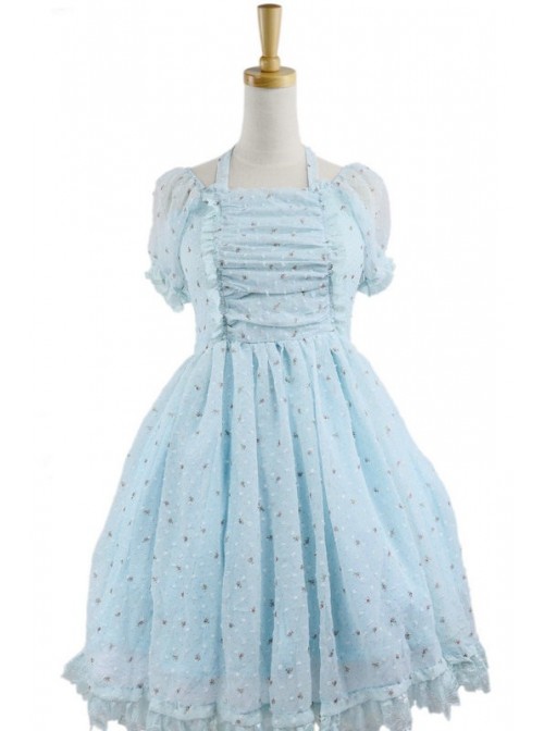 Blue Jacquard Chiffon Bow Short Sleeve Sweet Lolita Dress