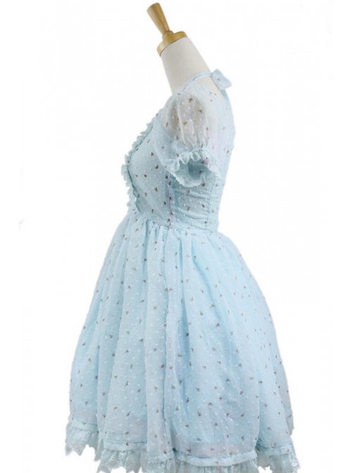 Blue Jacquard Chiffon Bow Short Sleeve Sweet Lolita Dress