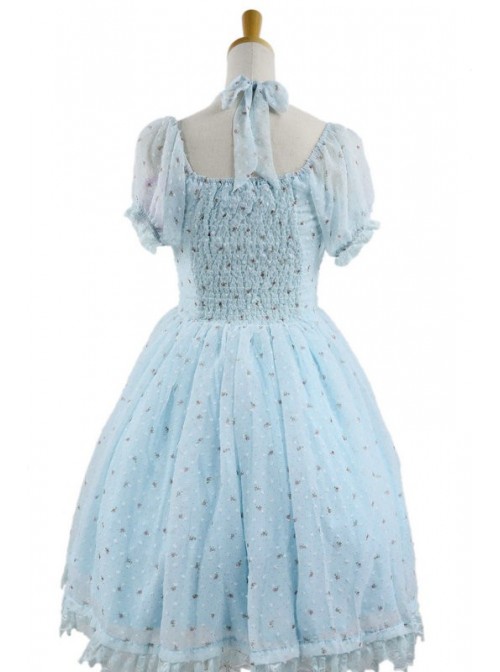 Blue Jacquard Chiffon Bow Short Sleeve Sweet Lolita Dress