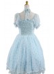 Blue Jacquard Chiffon Bow Short Sleeve Sweet Lolita Dress