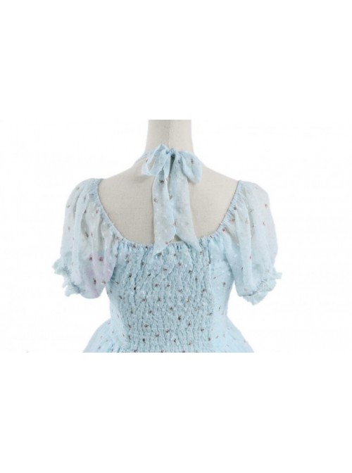 Blue Jacquard Chiffon Bow Short Sleeve Sweet Lolita Dress