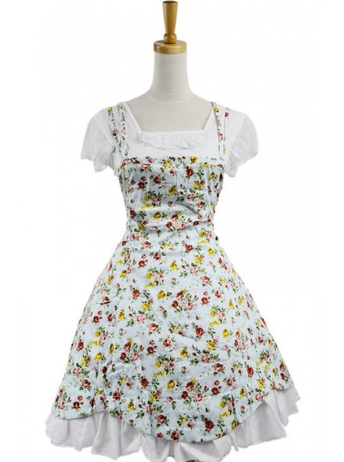 Blue 100% Cotton Floral Lace Sweet Lolita Dress