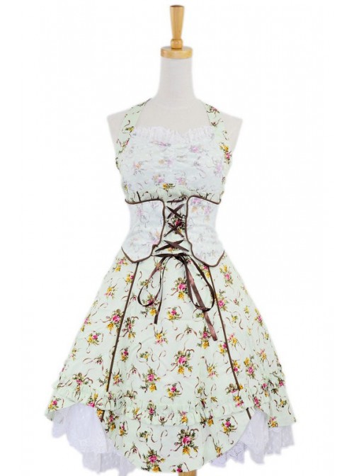 Green Sweet Floral Bow Cotton Lolita Dress