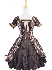 Classic Brown Floral Puff Short Sleeves Cotton Lolita Dress