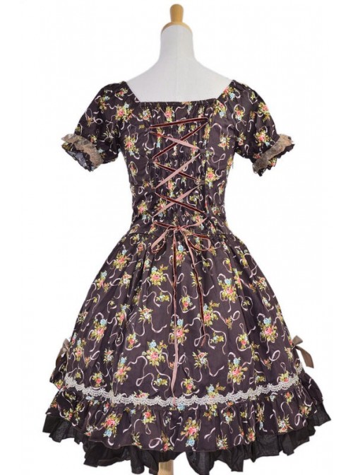 Classic Brown Floral Puff Short Sleeves Cotton Lolita Dress