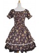 Classic Brown Floral Puff Short Sleeves Cotton Lolita Dress