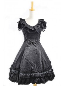 Sweet Black Satin Cotton Bowknot Womens Lolita Dress