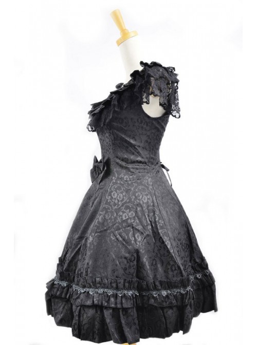 Sweet Black Satin Cotton Bowknot Womens Lolita Dress