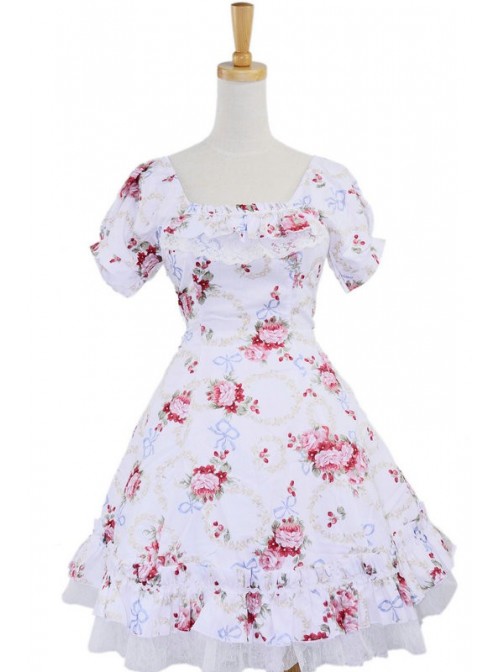 White Floral Classic Square Neck Puff Short Sleeves Cotton Lolita Dress