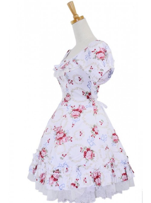 White Floral Classic Square Neck Puff Short Sleeves Cotton Lolita Dress