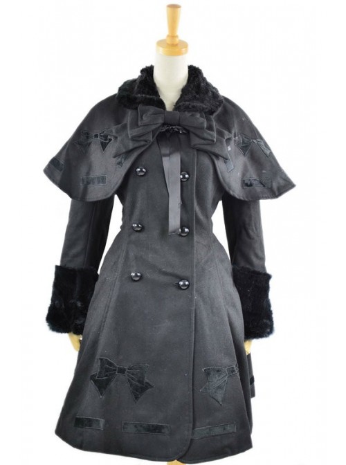 Long Sleeve Black Bow Pattern Flanel Gothic Lolita Coat