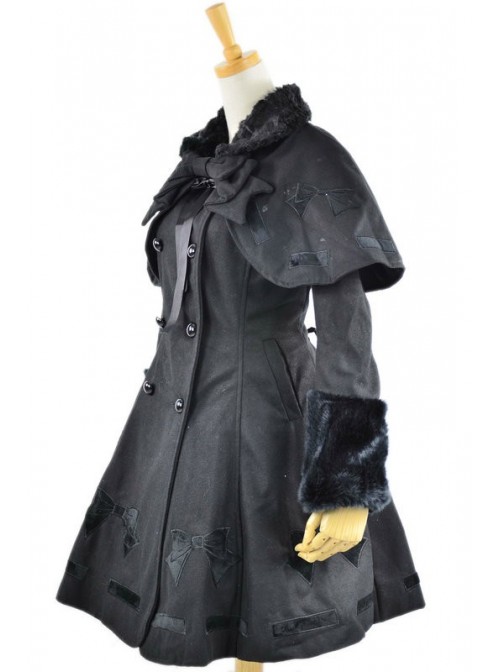 Long Sleeve Black Bow Pattern Flanel Gothic Lolita Coat