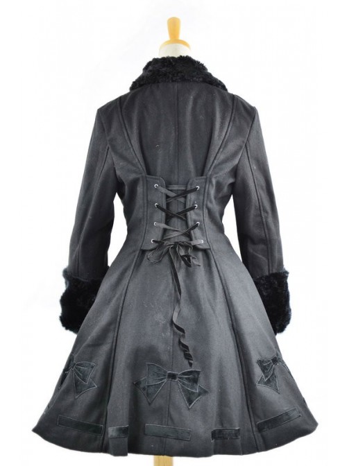 Long Sleeve Black Bow Pattern Flanel Gothic Lolita Coat