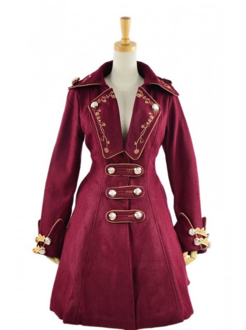 Stylish Red Velvet Chain Button Long Sleeve Lolita Coat