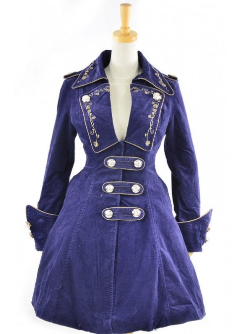 Stylish Blue Velvet Chain Button Long Sleeve Lolita Coat