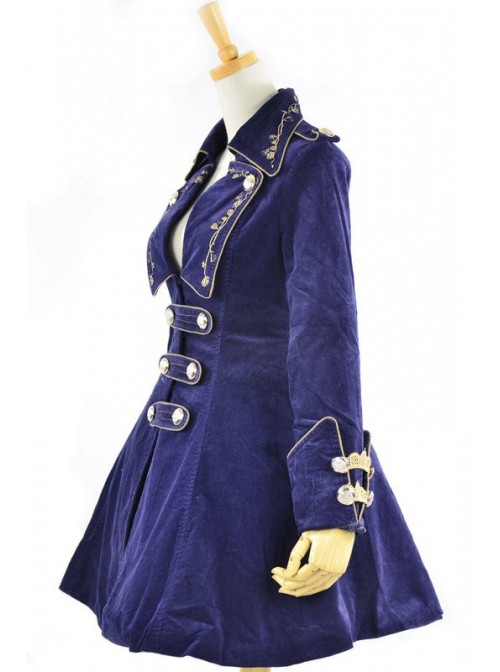 Stylish Blue Velvet Chain Button Long Sleeve Lolita Coat