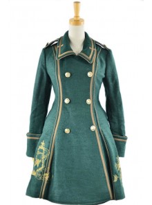 Deep Green Turndown Collar Long Sleeves Wool Flannel Lolita Coat