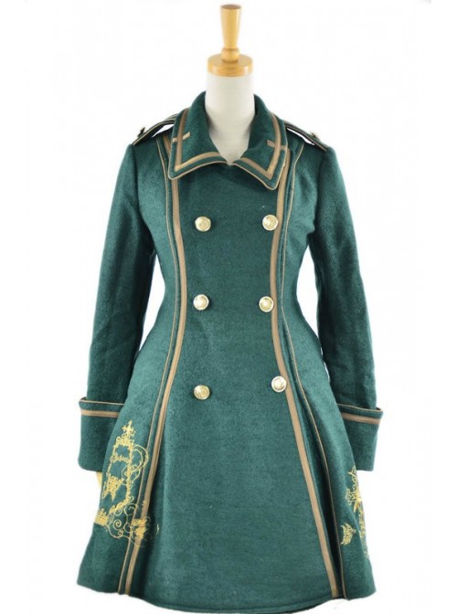 Deep Green Turndown Collar Long Sleeves Wool Flannel Lolita Coat